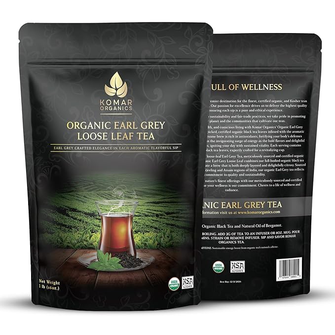 Komar Organics Earl Grey Tea Loose Leaf - 16 Oz USDA Organic Certified Kosher 1 LB Black Tea Infused With Natural Oil and Bergamot