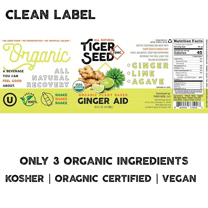 Ginger Aid - Tiger Seed - Plant Based Immunity and Recovery Support - 16 FL OZ Bottles (Pack of 9) Ginger Lime Juice and Agave -Organic Vegan Kosher