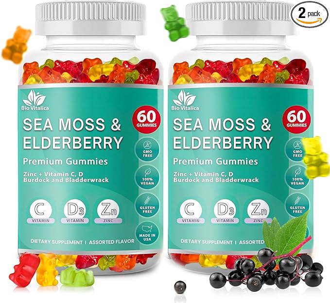 BIO VITALICA Sea Moss Gummies Elderberry BioVitalica - Vitamin C D + Zinc - Irish Seamoss Vegan Gummy with Sea Moss Gel &amp Powder for Immunity Detox - for Adults and Kids (2Packs)