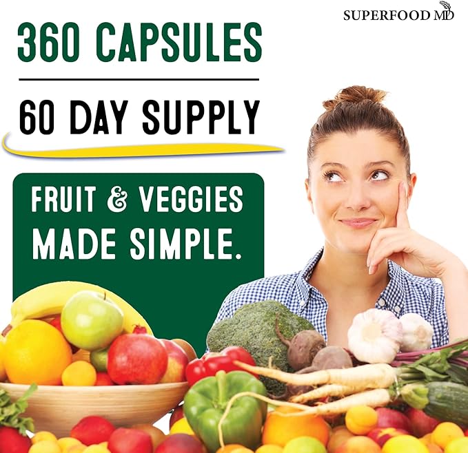 Superfood Fruit and Veggie Supplement - 360 Whole Super Fruit and Vegetable Supplements &amp Vitamin with Beta-Carotene Soy Free- 180 Count (Pack of 2)