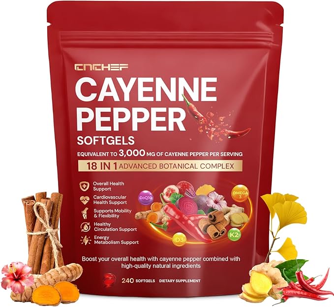 Cayenne Pepper Softgels Supplement Cayenne Pepper Capsules with VitaminD3+K2Berberine Q10 Omega-3 Turmeric Hawthorn Beetroot Supports Leg Vein Digestive &amp Heart Vessel Health 240 Softgel