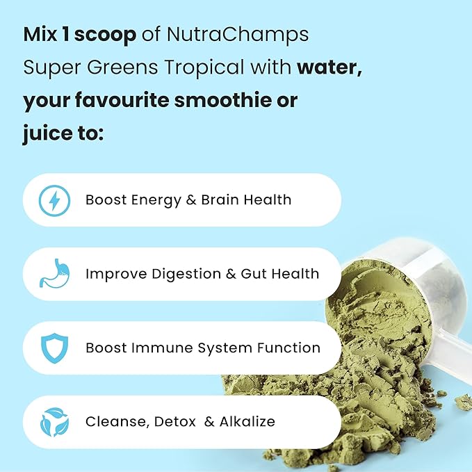 NutraChamps Super Greens Powder Premium Superfood | 20+ Organic Green Veggie Whole Foods | Alfalfa Spirulina Chlorella &amp More | Antioxidant Digestive Enzyme &amp Probiotic Blends | Tropical |