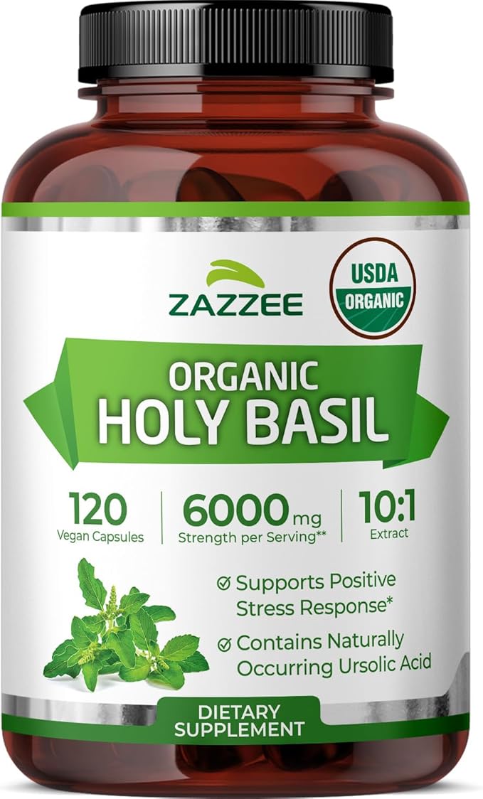 Zazzee USDA Organic Holy Basil 10:1 Extract 120 Vegan Capsules 4 Month Supply Tulsi Extract Ursolic Acid Ocimum Tenuiflorum Antioxidant &amp Stress Support All-Natural Non-GMO Made in the US