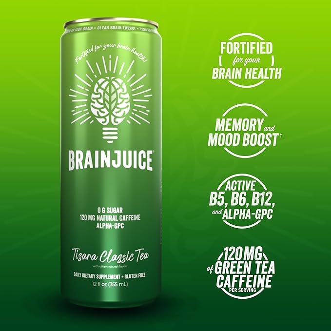 BrainJuice Brain Health Support Drink for Energy &amp Focus Vitamin C B5 B6 &amp B12 L Theanine Alpha GPC &amp Natural Caffeine from Green Tea Vegan Gluten Free Tisara Classic Tea 12 Oz Ca