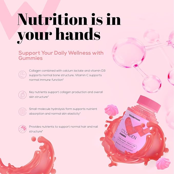Wondermoon Women’s Collagen Gummies with Vitamin C Biotin &amp Zinc – Daily Nutritional Support – Hydrolyzed Collagen Peptides Peach Flavor Plant-Based 60 Gummies