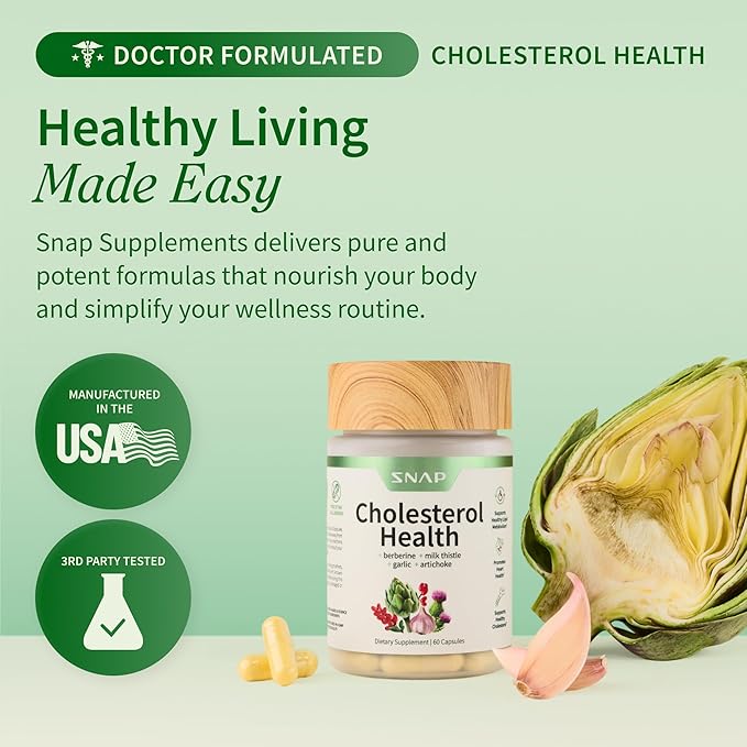 Snap Supplements Cholesterol Health - Artichoke Milk Thistle Garlic and Berberine Supplement with Beta Sitosterol (95% Plant Sterols) for Digestive and Metabolic Support 60 Capsules (30 Servings)