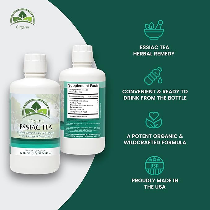 Organa Genuine Essiac Tea - Organic Liquid Essiac Tea - 4 Herb Genuine Essiac Formula - Ojibwa Herbal Detox Blend - Organic &amp Wildcrafted Herbs - Great for Wellness &amp Vitality - 32 oz Bottle