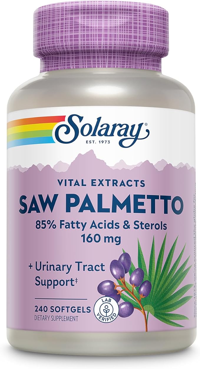 SOLARAY Saw Palmetto Extract - Prostate Health and Urinary Tract Support - 136 mg Fatty Acids and Sterols - Lab Verified 60-Day Money-Back Guarantee (240 Servings 240 Softgels)