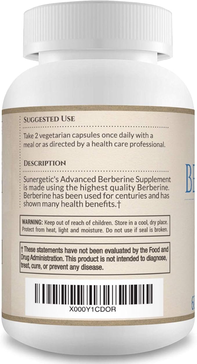 Sunergetic Premium Berberine Supplement - 1200mg Per Serving - Berberine HCL Supplement Non-GMO - Immune Support- 60 Capsules