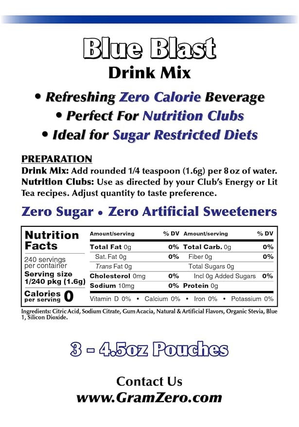 GramZero Blue Blast Zero Calorie Sugar Free Drink Mix Great For Nutrition Club Loaded Teas Stevia Sweetened