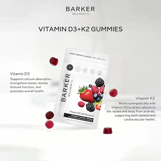 Barker Wellness D3 K2 Vitamin Gummies – Max Potency 6000IU D3 + 200mcg K2 for Strong Bones Cardiovascular Wellness Immune Support | Vegan Sugar-Free Delicious Mixed Berry | 30 Servings