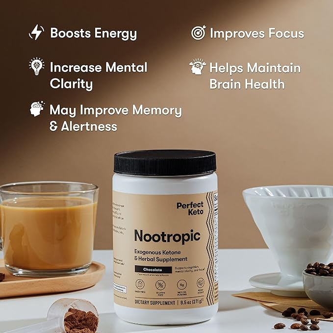 Perfect Keto Nootropic Brain Support Caffeine Free Focus and Energy Supplement with Alpha Lipoic Acid L Theanine Ginkgo Biloba Alpha GPC MCT's Collagen Ketones Chocolate Drink Mix 15 Servings