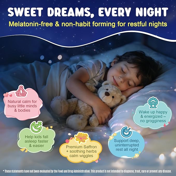 Kids Sleep Gummies NO Melatonin - Triple Magnesium Glycinate + Saffron GABA Berry &amp Nut Superfood Gummies Sugar Free Nighttime Sleep Aid &amp Calm for Kids 4+ Restful Sleep Brain &amp Muscl