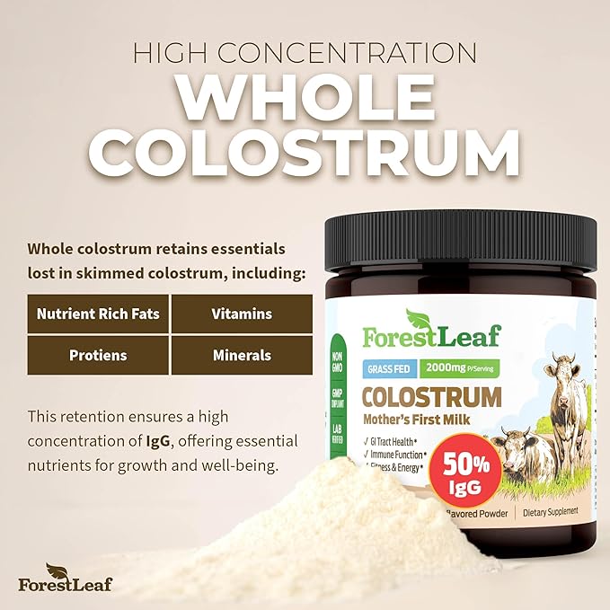ForestLeaf Colostrum Powder 50% IgG Highest Pure Concentration Grass Fed Colostrum Supplement for Gut Health Immune Support and Muscle Recovery Bovine Colostrum for Humans Unflavored 45 Servings