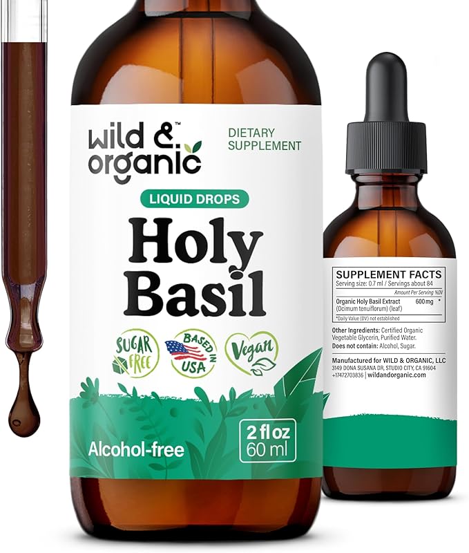 Wild &amp Organic Holy Basil Leaf Tincture - Relaxation Calmness Mood Support - Tulsi Holy Basil Supplement - Vegan Sugar &amp Alcohol-Free Herb Extract Drops - 2 fl oz