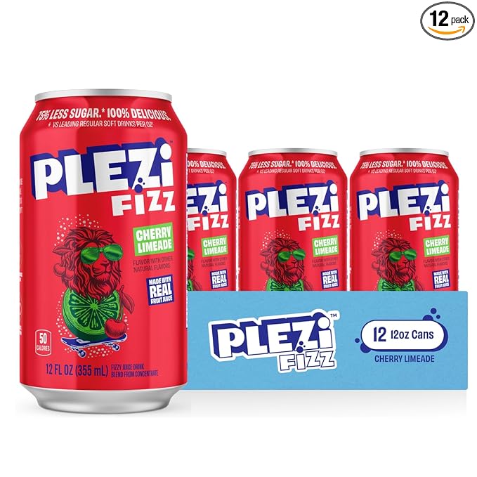 PLEZi FiZZ Cherry Limeade Sparkling Juice - Healthy Soda Alternative with Real Fruit Juice No Added Sugar - Low Sugar Sparkling Drink - Good Source of Fiber 12 Fl Oz (12 Pack)