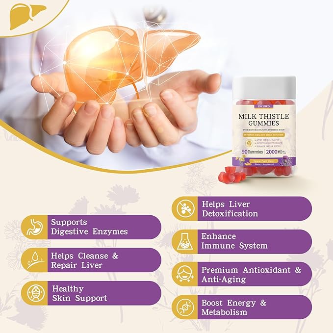 Milk Thistle Gummies with 2000MG Extract Liver Health Support Gummies Silymarin Milk Thistle Supplement with Artichoke Dandelion Turmeric Curcumin No Sugar for Adults Vegan 90 Count