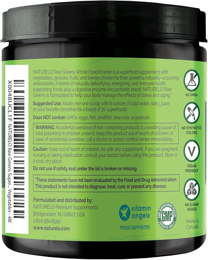 NATURELO Raw Greens Superfood Powder - Unsweetened - Boost Energy Detox Enhance Health - Organic Spirulina - Wheat Grass - Whole Food Nutrition from Fruits &amp Vegetables - 480 Grams