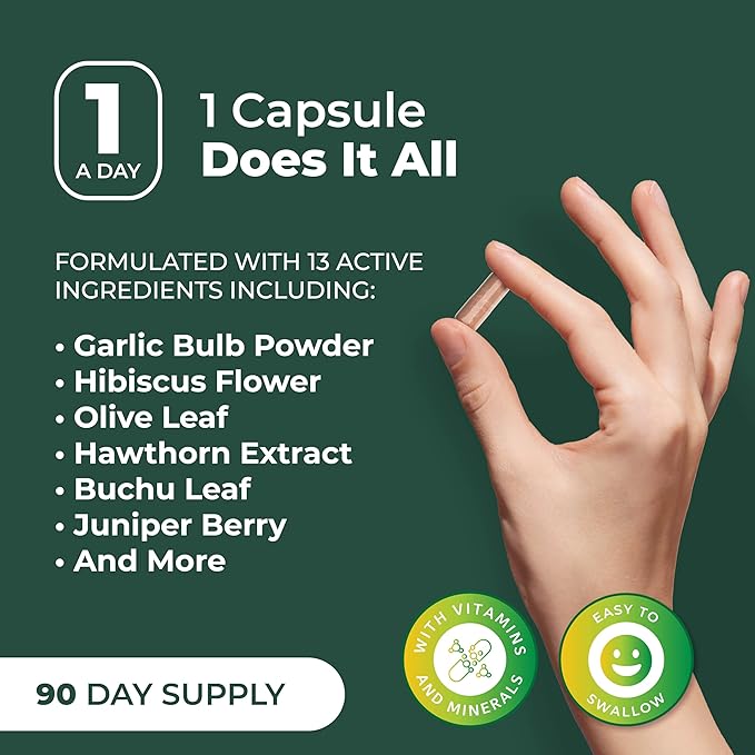 PurePremium Blood Pressure Supplements with Hawthorn Berry Hibiscus Garlic &amp Vitamin B12- Nitric Oxide Supplement for Normal Heart Health Circulation Health &amp Blood Pressure Support - 90ct