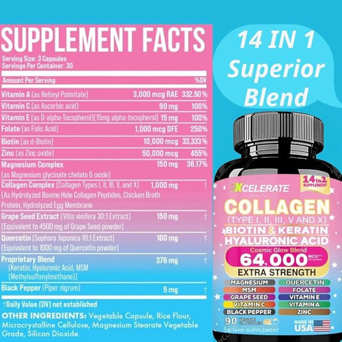 14 In 1 Collagen Supplement - Peptides Types l II III V X Biotin Keratin Hyaluronic Acid Folate Zinc Quercetin Apple Cider Vinegar Magnesium Grape Seed Hair Skin Nail Health Support (Label May Vary)