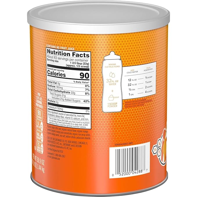 Gatorade G ESSNTL Organic Thirst Quencher Powder Mango 50.9oz Canister (Pack of 3)