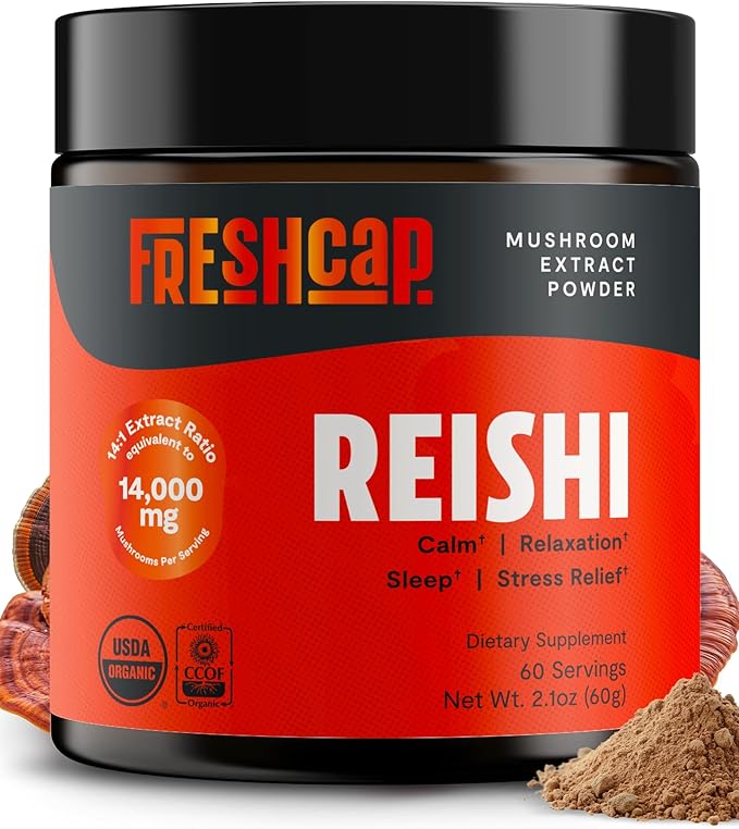 FreshCap Mushrooms Ayurveda Reishi Mushroom Powder 14000mg - Organic Mushroom Extract Supplement Powder Nootropic Red Reishi Supplement Blend (60 Servings)