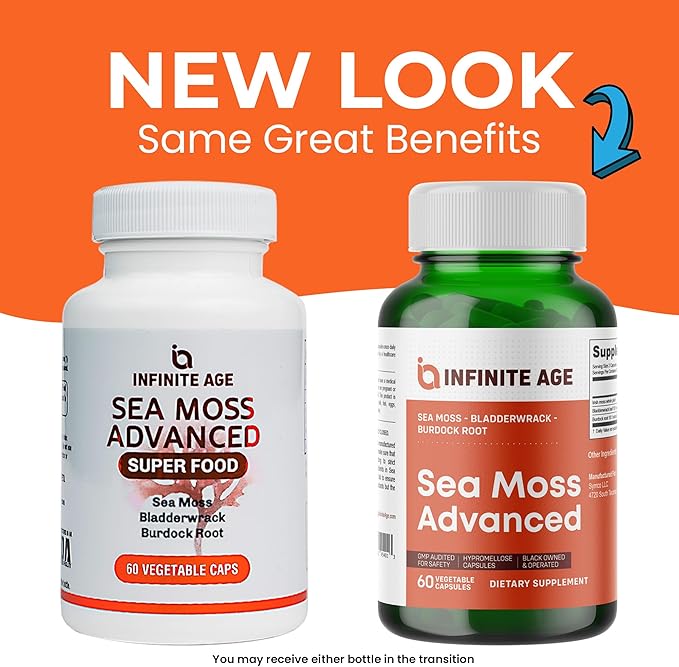 INFINITE AGE 3 Pack of 1250mg Sea Moss Advanced Superfood Capsules 180 Count - High-Potency Vegan Made in The USA - Irish Seamoss Bladderwrack Burdock Root - Overall Health Immunity Support