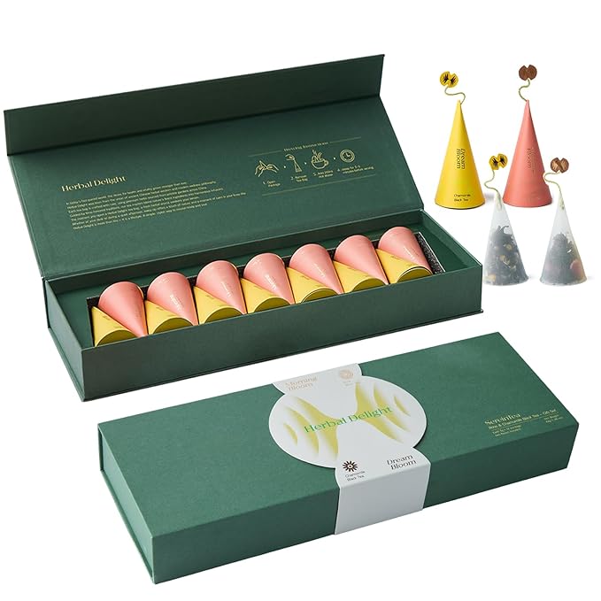 Herbal Delight Premium Herbal Tea Gift Set of 14 with 2 Flavors 2 Individually Wrapped Handmade Pyramid Tea Bags for Each Variety chamomile tea Rose Black Tea