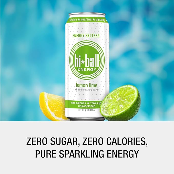 Hiball Clean Energy Drink - Lemon Lime - Zero Sugar Zero Calorie Sparkling Water with 160mg Organic Caffeine 50mg Organic Ginseng 50mg Organic Guarana - 16 fl oz (8-Pack)