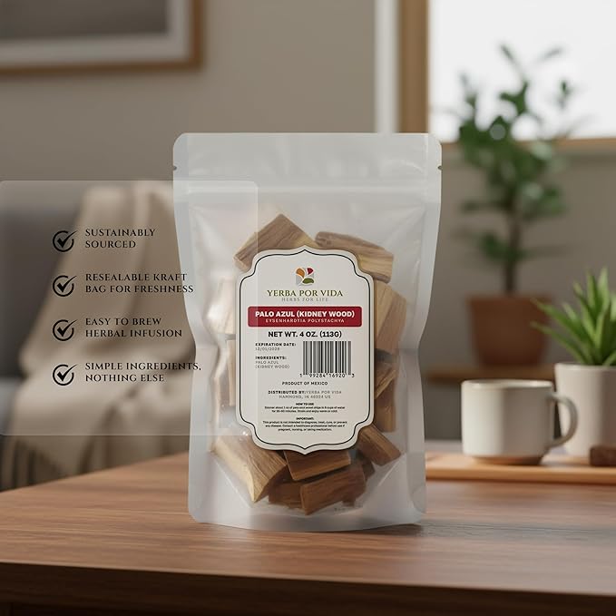 Palo Azul Tea – Natural Loose Bark Herbal Tea | Wild-Harvested Palo Azul Kidney Wood | Smooth Flavor &amp Rich Aroma | Caffeine-Free Herbal Detox Tea &amp Coffee Alternative | Resealable Bag (4 oz)