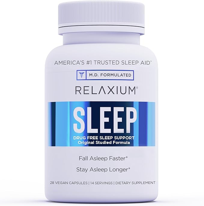 Relaxium Sleep Aid 14-Day Supply Non-Habit Forming Dietary Supplement for Better Sleep Drug-Free Stress Relief with Magnesium Melatonin GABA Chamomile Made in USA (28 Vegan Capsules)