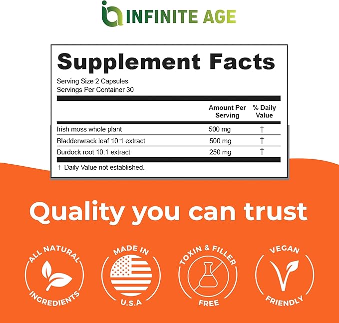 INFINITE AGE 1250mg Sea Moss Advanced Superfood Capsules 60 Count - High-Potency Vegan Made in The USA - Irish Seamoss Bladderwrack Burdock Root - Overall Health Immunity Support