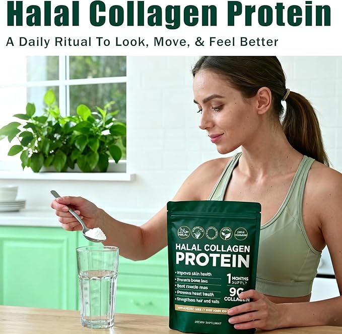 Halal Collagen Protein Powder - Pure Halal Collagen Peptides Grass Fed Organic Hydrolyzed Powder Skin Glows | Joints Support | Gut Support Non GMO Sugar Free Unflavoured 30 Servings