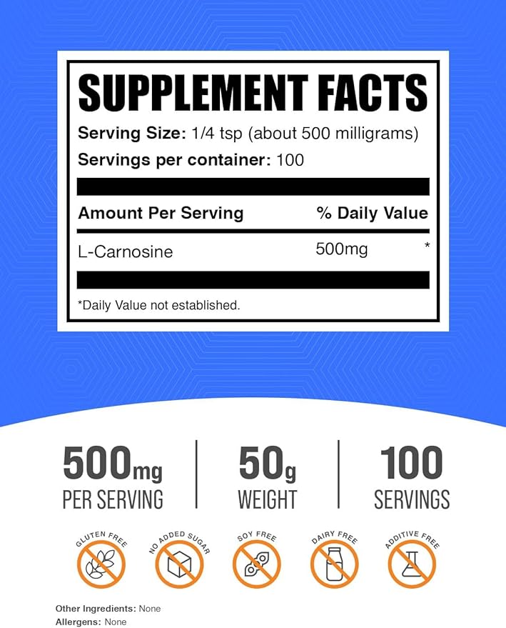 BulkSupplements.com L-Carnosine Powder - Carnosine Supplement Carnosine 500mg - Amino Acid Supplement Gluten Free 500mg per Serving 50g (1.8 oz) (Pack of 1)