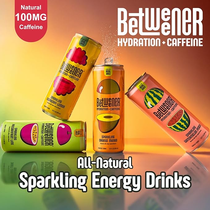 Betweener Sparkling Energy Seltzer Sparkling Water w/Real Juice &amp 100mg Caffeine Light &amp Refreshing L-Theanine for Focus Vitamins B+C - Low Sugar - 45 Cals - Passionfruit Lime (12 Pack)