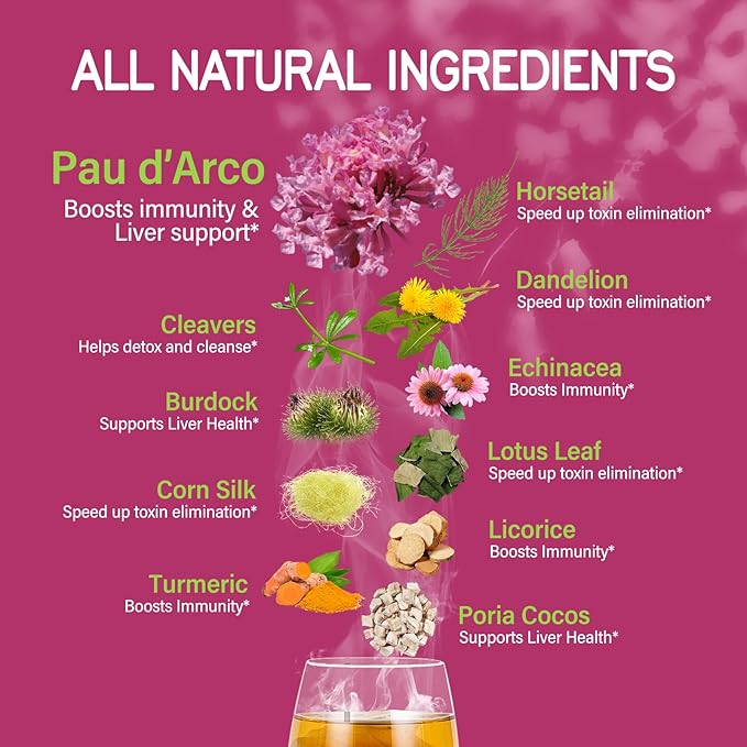 PAU d'Arco Herbal Tea Bags Extract with Horsetail Cleavers for Body Detoxification Support Lymphatic Drainage &amp Immune Support. 30bags