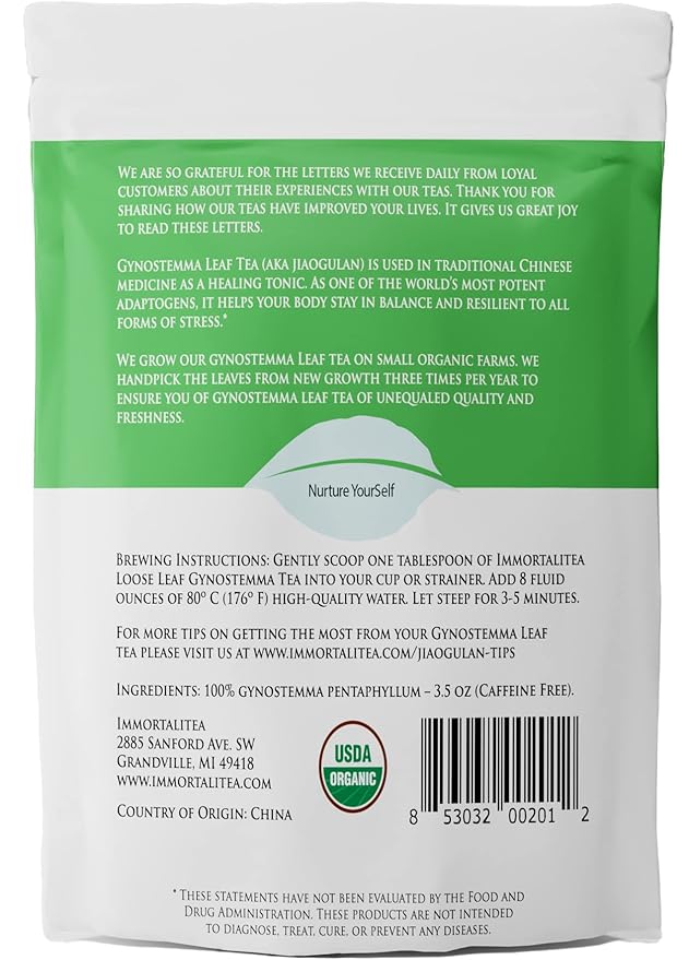 Immortalitea Gynostemma Tea USDA Organic Jiaogulan Loose Leaf Tea | Naturally Sweet Adaptogen | AMPK Metabolic Activator | Caffeine-Free Herbal Tea 3.52 oz