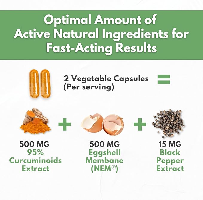 Turmeric Curcumin 95% Extract &amp Collagen Capsules - NEM Promotes Knee Comfort &amp Flexibility - Eggshell Membrane w Naturally Occurring Glucosamine Chondroitin Hyaluronic Acid- Made in USA