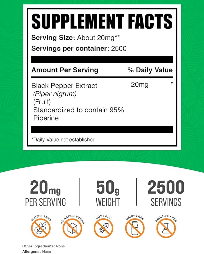 BulkSupplements.com Black Pepper Extract Powder - Black Pepper Supplements Piperine Supplements - Vegan &amp Gluten Free 20mg per Serving 50g (1.8 oz) (Pack of 1)