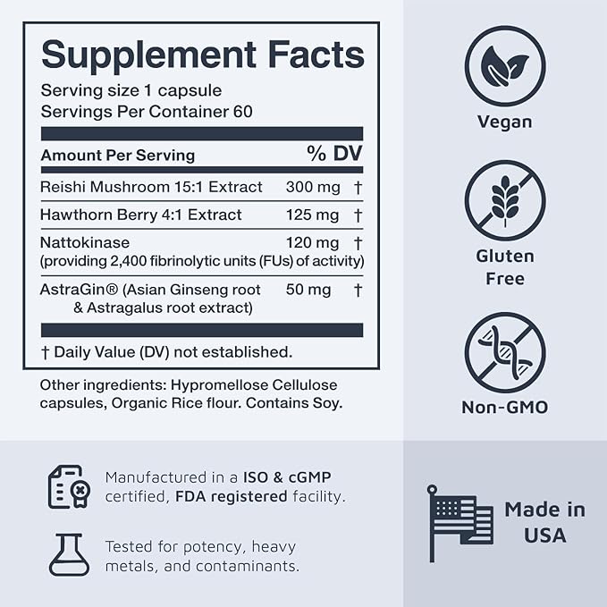 Melody Heart Tune 4-in-1 Blood Pressure Support Supplements – Nattokinase 2400 FU Reishi Mushroom &amp Hawthorn – 2 Month Supply – Dr. Formulated for Vascular Circulation &amp Flow – 60 Vegan Cap