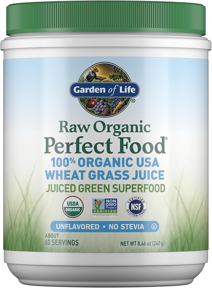 Garden of Life Raw Organic Perfect Food 100% Organic USA Wheat Grass Juice - Juiced Green Superfood Greens Powder 60 Servings - Stevia-Free Non-GMO Vegan Gluten Free Whole Food Dietary Supplement