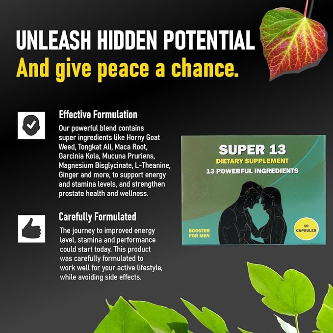 Super 13 Fast Acting Herbal Male Supplement for Men. 13 Potent Ingredients - Horny Goat Weed Tongkat Ali Maca &amp More for Energy Vitality Stamina Endurance and Performance Enhancer Pills 10 Caps
