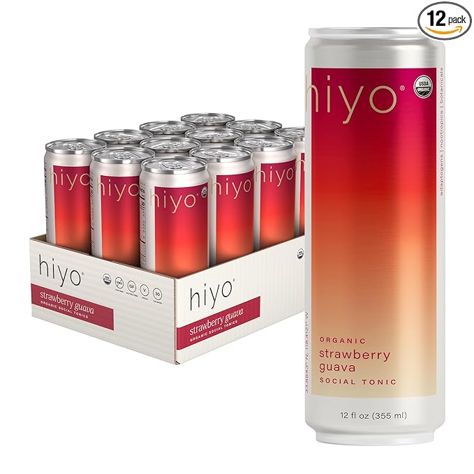 Hiyo Organic Social Tonic - Strawberry Guava 12 Pack - N.A. Functional Seltzer Sparkling Water Crafted with Organic Adaptogens Nootropics &amp Botanicals