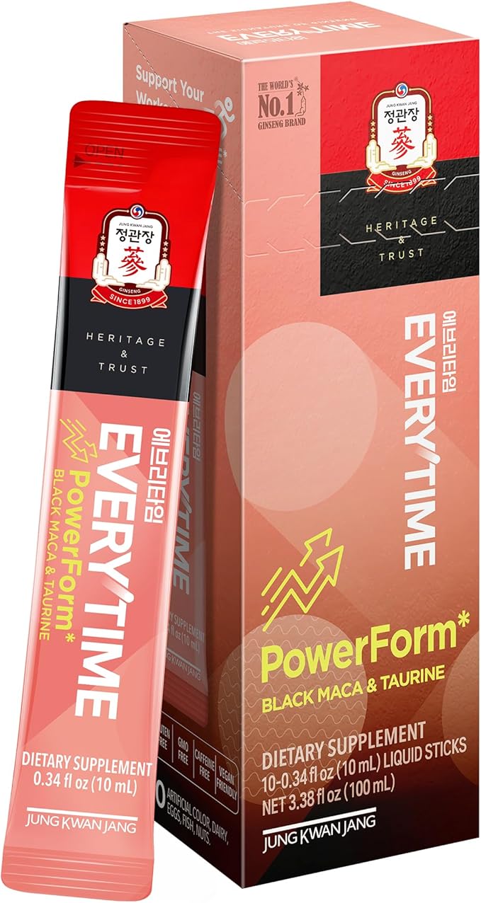 JUNG KWAN JANG US Everytime PowerForm - Intra Workout Herbal Energy Drink Packets with Korean Red Ginseng Black Maca Root &amp Taurine - Non GMO (0.33 fl oz 10 Sticks)