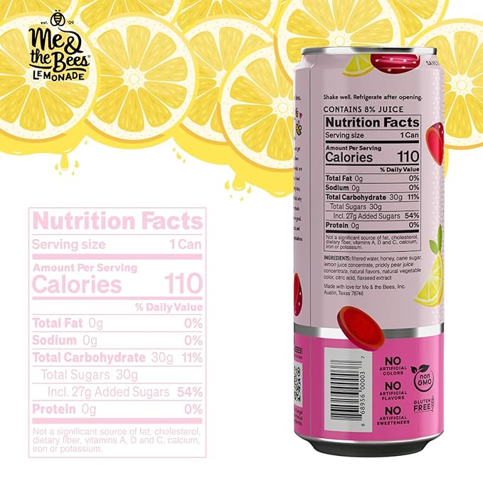 Me &amp the Bees Prickly Pear Lemonade All-Natural Flavors Drink No-Artificial Colors Perfect for Any Occasion (Pack of 12)