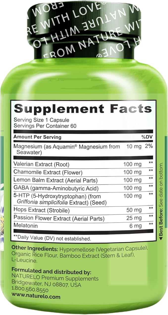 NATURELO Sleep Aid - with Melatonin Magnesium GABA Valerian Root Lemon Balm Chamomile Herbal Extracts - Plant-Based Sleeping Aid - 60 Vegan Capsules