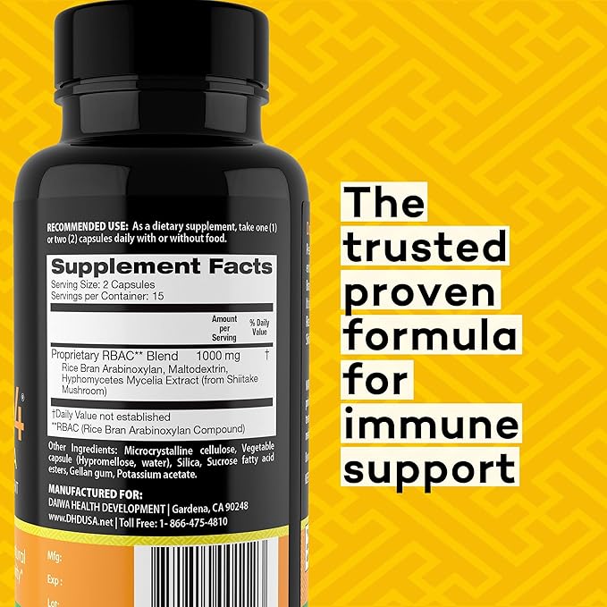 Daiwa PeakImmune4 Natural Immune Support Supplement | Enhances NK Cell Function with RBAC Rice Branand Mycelia Extract from Shiitake Mushrooms | Ultra Strength