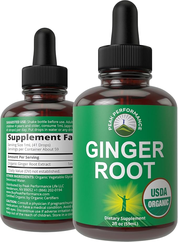 USDA Organic Ginger Root Extract Liquid Drops. Zero Sugar Non Bitter Vegan Ginger Oil Supplement for Immune Digestive + Gut Support. High Bioavailability Gluten Free for Women and Men. Take Orally