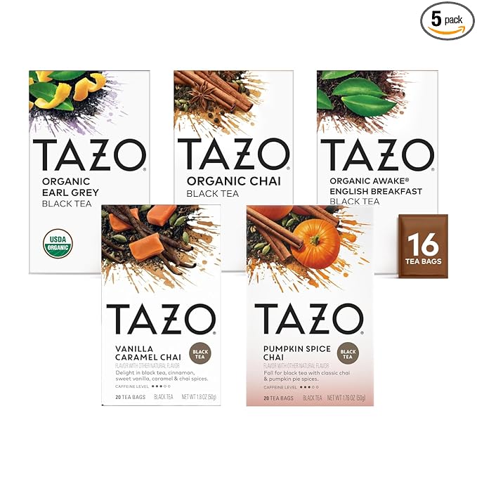 TAZO Tea Bags Black Tea Vanilla Caramel Chai Pumpkin Spice Chai Awake English Breakfast Organic Chai &amp Organic Earl Grey (1ea) (Variety Pack)