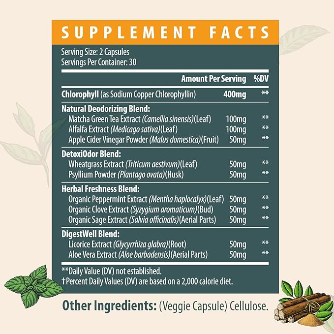 Women's Body Deodorizing Supplement – Chlorophyll Capsules for Body Odor Fresh Breath &amp Gut Detox for Social Confidence – Vegan with Matcha Green Tea Apple Cider Vinegar